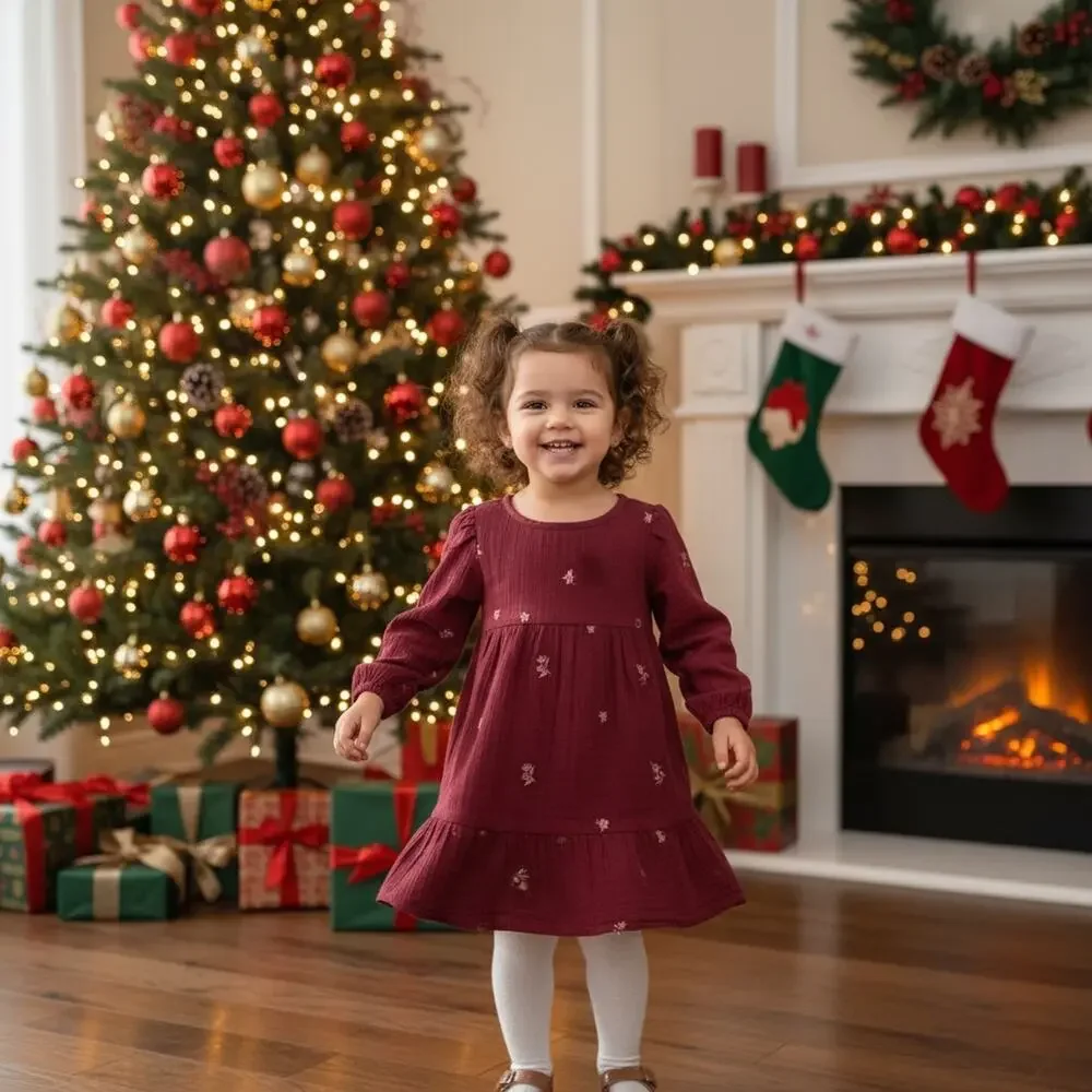 Cat & Jack Toddler 5T Burgundy Dress Long Sleeve Floral Design Holiday Dress